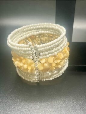 Vintage white seed bead cuff bracelet cream chip bead wide statement bracelet